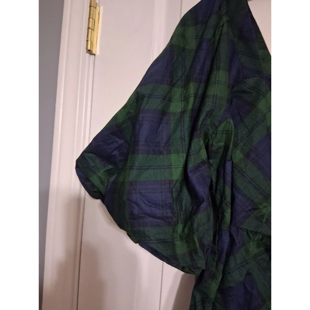 NWT Women's Old Navy Puff Sleeve Poplin Peplum Top Size XL Tartan